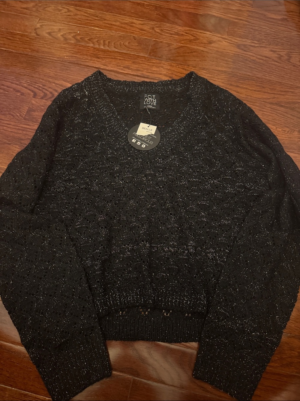For Love & Lemons Black Sparkle Cropped V-Neck Sweater